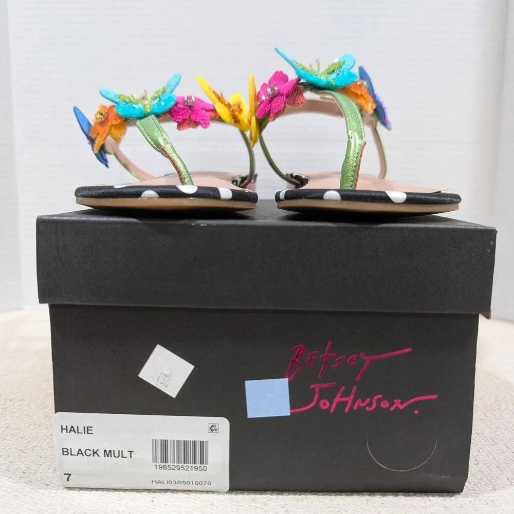 Betsey Johnson Halie Butterfly Floral Polka Dot Sandals Black Multi Size 7 NIB